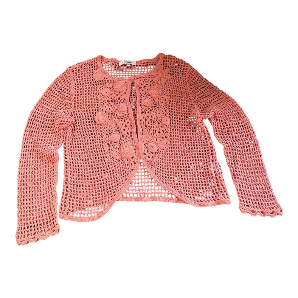 Carducci Womens XL Coral Pink Crochet Floral Applique Open Knit Cardigan Sweater